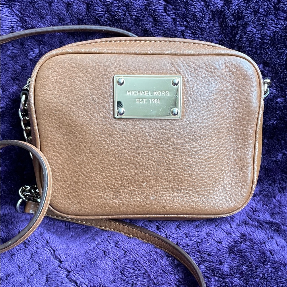 Michael Kors Tan Pebbled Leather Crossbody with Gold Plaque